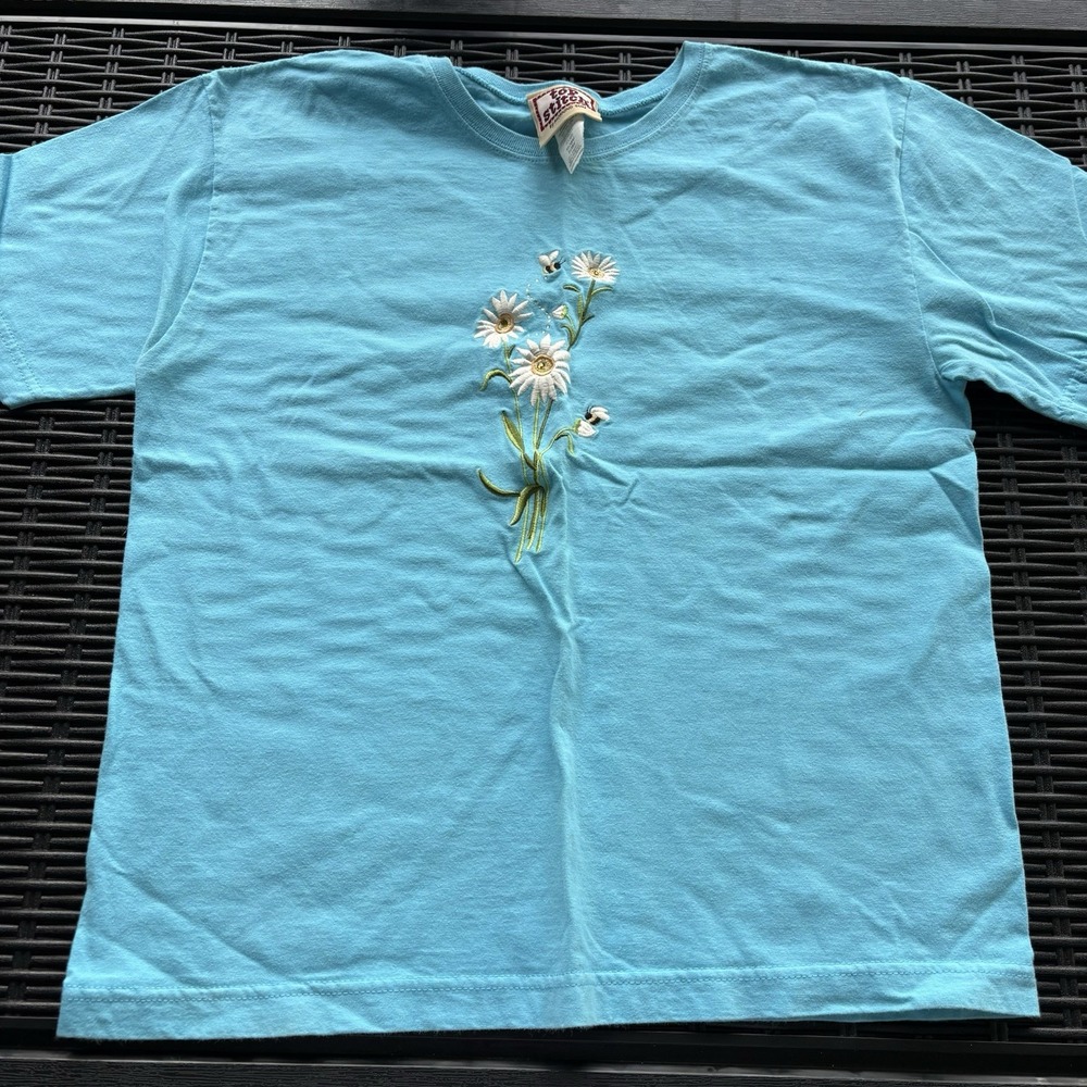 Vtg Top Stitch By Morning Sun Blue Embroidered Flower Daisy T Shirt Sz M A1462